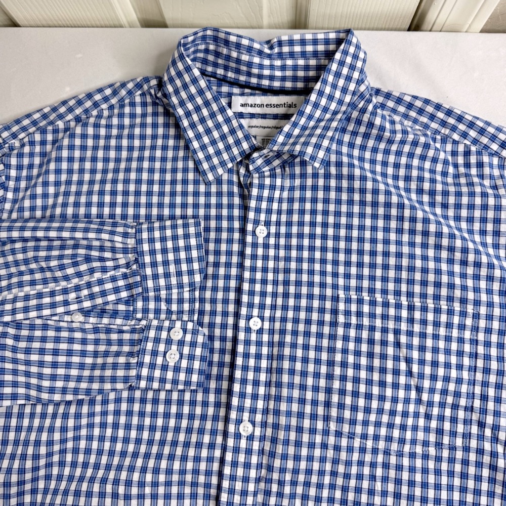 Amazon Essentials Mens XXL Gingham Check Button Down Shirt Blue White Cotton
